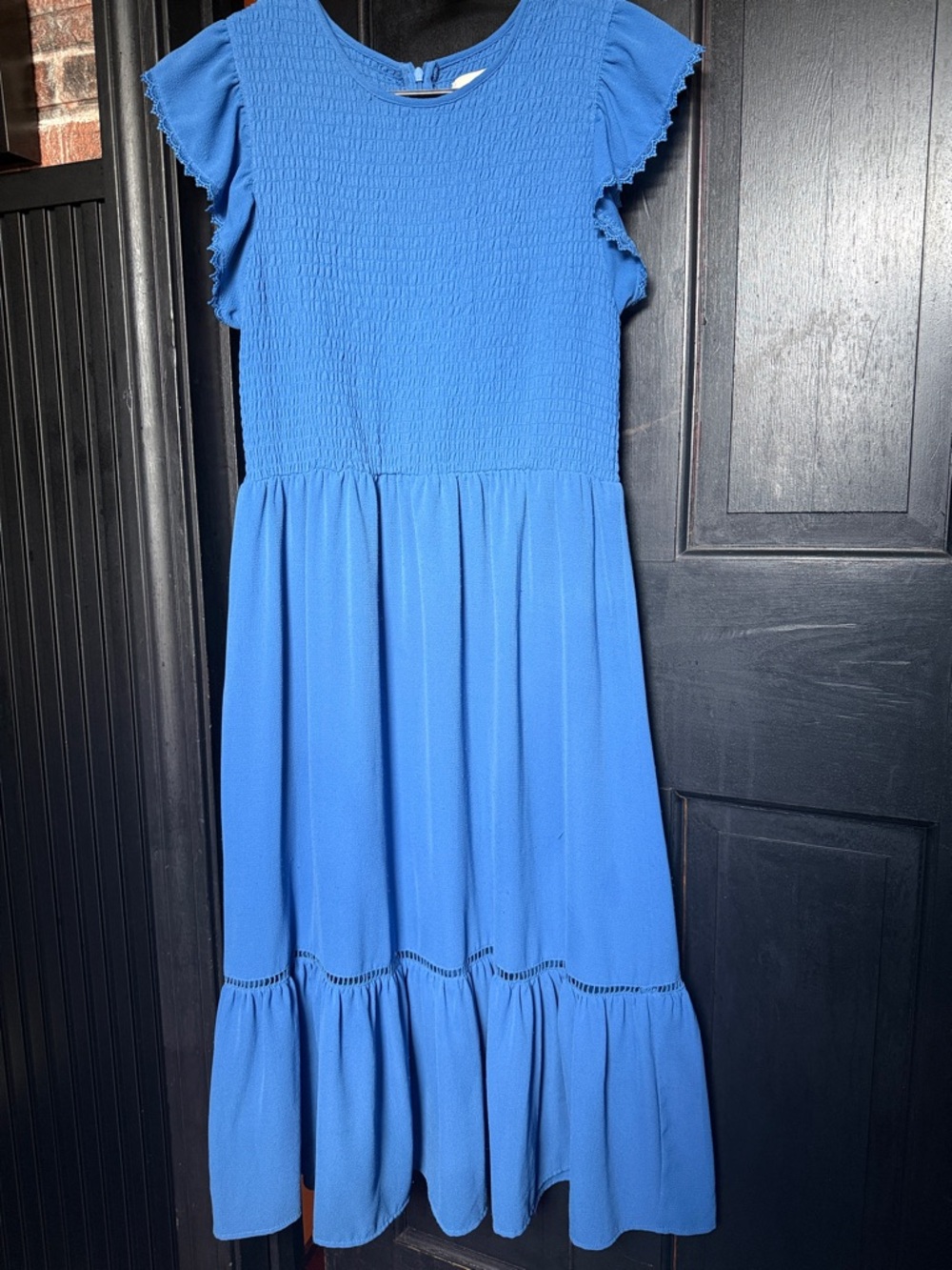 Smocked Cobalt Midi Dress with Ruffle Sleeves
